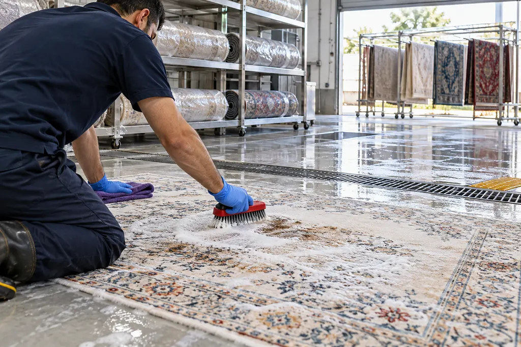 Halı yıkama tesisinde çalışanın fırçayla halıdaki kahve lekesini temizlemesi