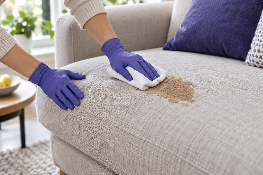 Kumaş koltuktaki çay lekesinin beyaz mikrofiber bezle temizlenmesi