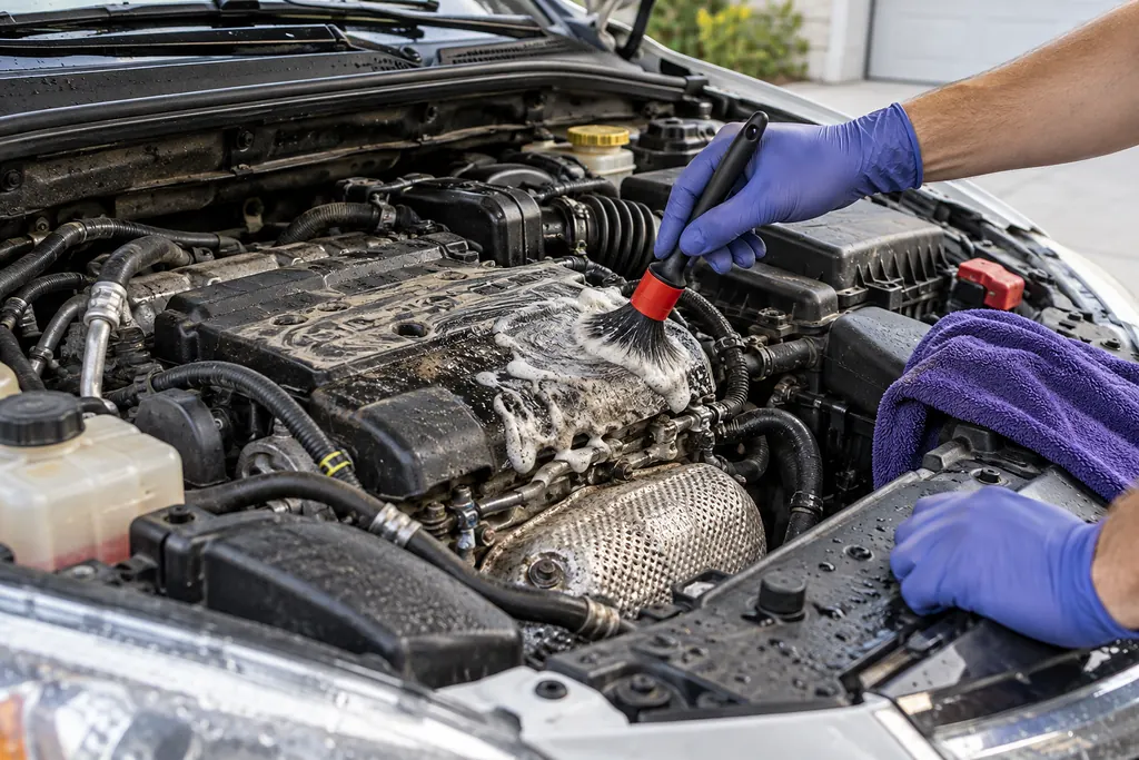 Araç motor bölmesindeki yağ ve kirin fırçayla temizlenmesi