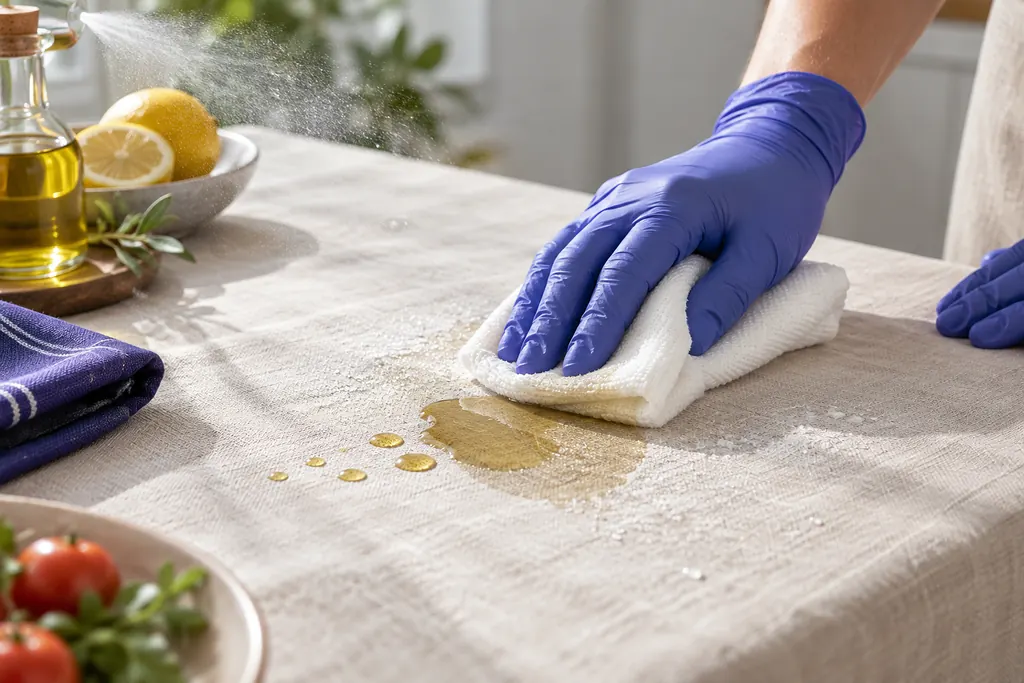 Masa örtüsündeki yemeklik yağ lekesinin beyaz bezle alınması