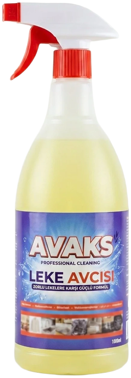 AVAKS Leke Avcısı 1000 ml tetikli sprey şişesi, sarı renkli sıvı, mor etiket